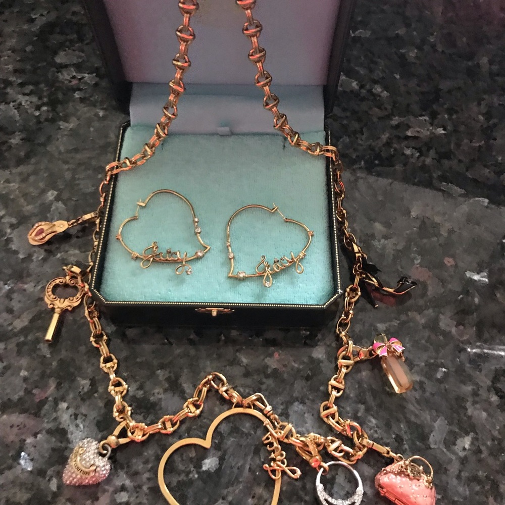 Gold Juicy Couture charm necklace with earrings.